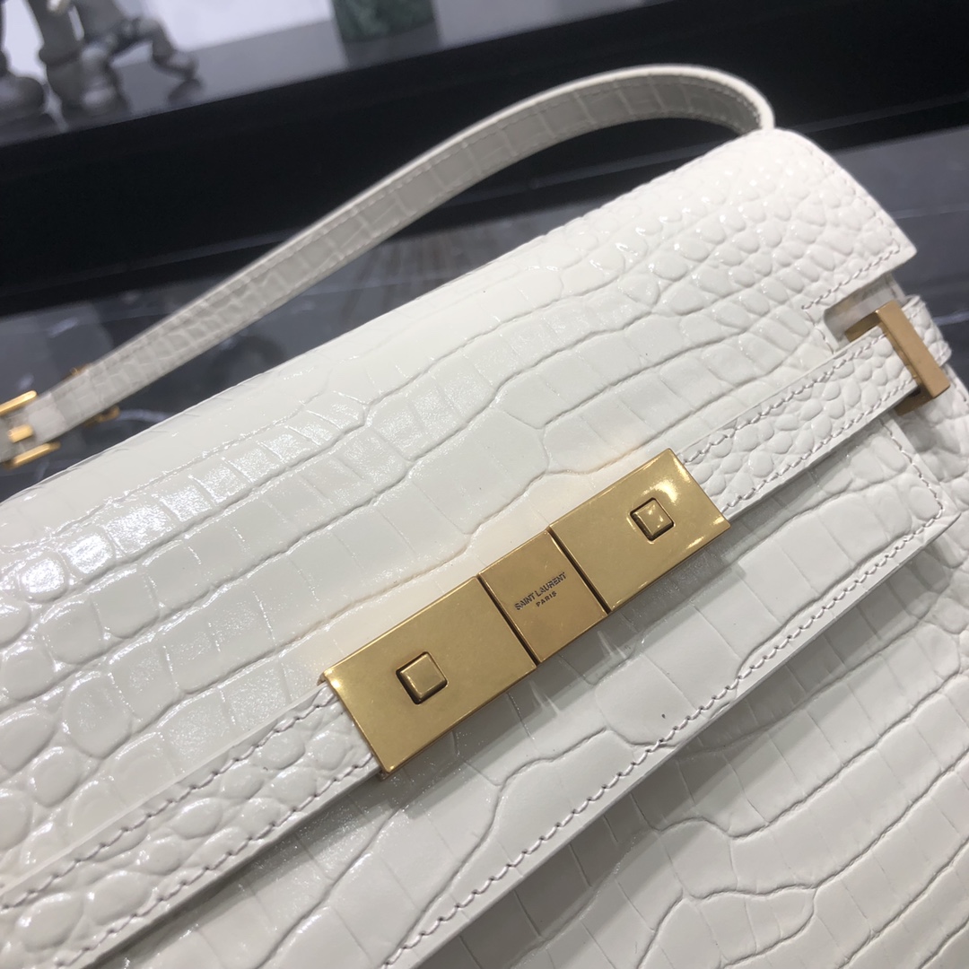 Saint Laurent Small Manhattan Box Crocodile Embossed Calfskin Shoulder Bag White 675626  